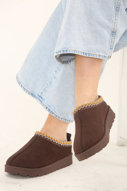 BROWN FAUX SUEDE EMBROIDERED AZTEC COZY SLIPPER BOOTS