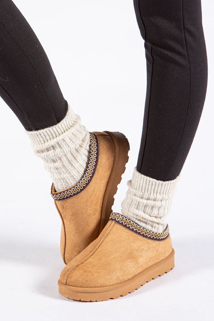 CHESTNUT FAUX SUEDE EMBROIDED AZTEC DETAIL COZY FLUFFY SLIPPERS BOOTS BOOTIES