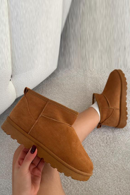CAMEL FAUX SUEDE ULTRA MINI COZY SNOW ANKLE BOOTS