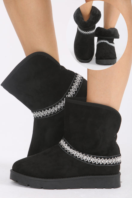 BLACK FOLD OVER EMBROIDED AZTEC DETAIL FULLY FUR LINED BOOT