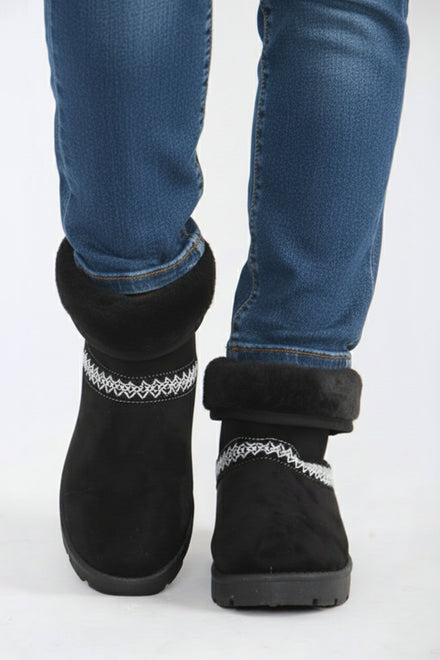 BLACK FOLD OVER EMBROIDED AZTEC DETAIL FULLY FUR LINED BOOT (PACK A)