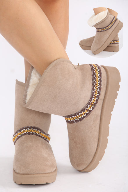 CAMEL FOLD OVER EMBROIDED AZTEC DETAIL FULLY FUR LINED BOOT