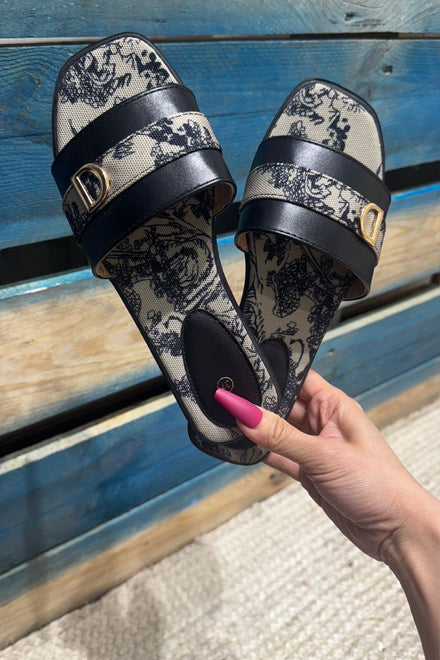 FLOWERS PRINTED BLACK FLAT MINI BUCKLED SUMMER SANDALS