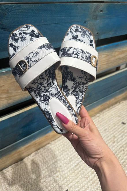 FLOWERS PRINTED WHITE FLAT MINI BUCKLED SUMMER SANDALS