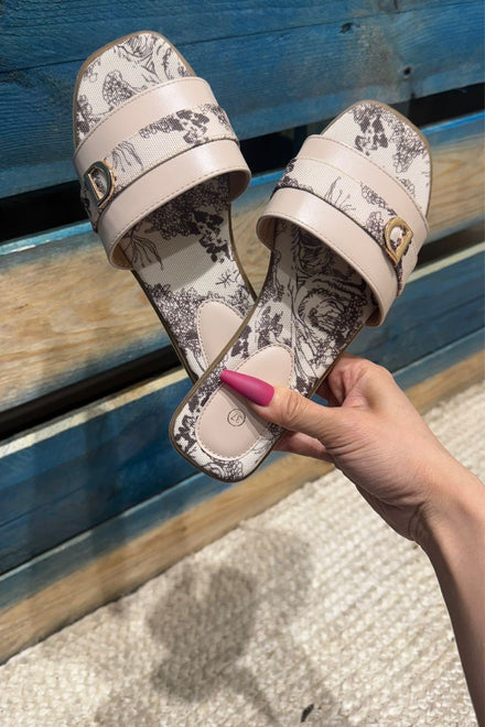 FLOWERS PRINTED BEIGE FLAT MINI BUCKLED SUMMER SANDALS
