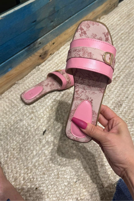 FLOWERS PRINTED PINK FLAT MINI BUCKLED SUMMER SANDALS