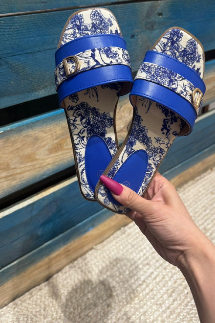 FLOWERS PRINTED BLUE FLAT MINI BUCKLED SUMMER SANDALS