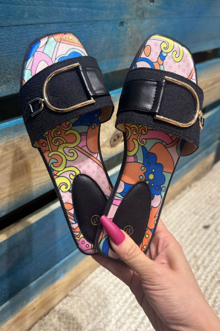 COLOURFUL PRINTED BLACK FLATS BUCKLED DETAILED SUMMER SLIDERS