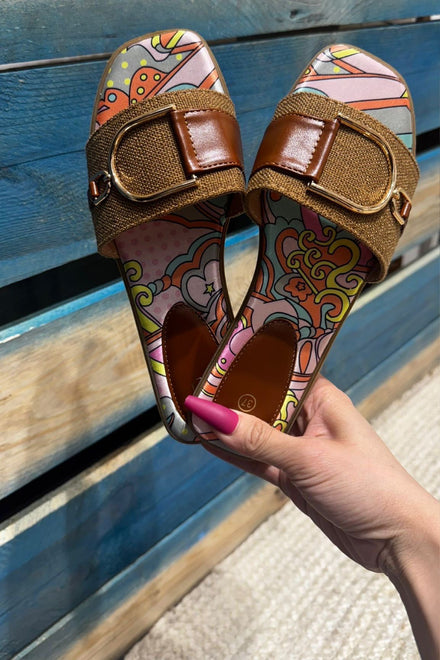 COLOURFUL PRINTED CAMEL FLATS BUCKLED DETAILED SUMMER SLIDERS