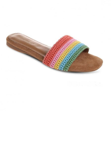 MULTI COLOUR FLAT SLIDER SANDAL WITH RAINBOW KNITTED FRONT STRAP