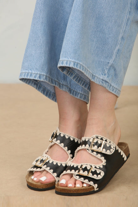CONTRAST STITCH BLACK SOFT FOOTBED SUMMER FLAT SLIDERS SANDALS
