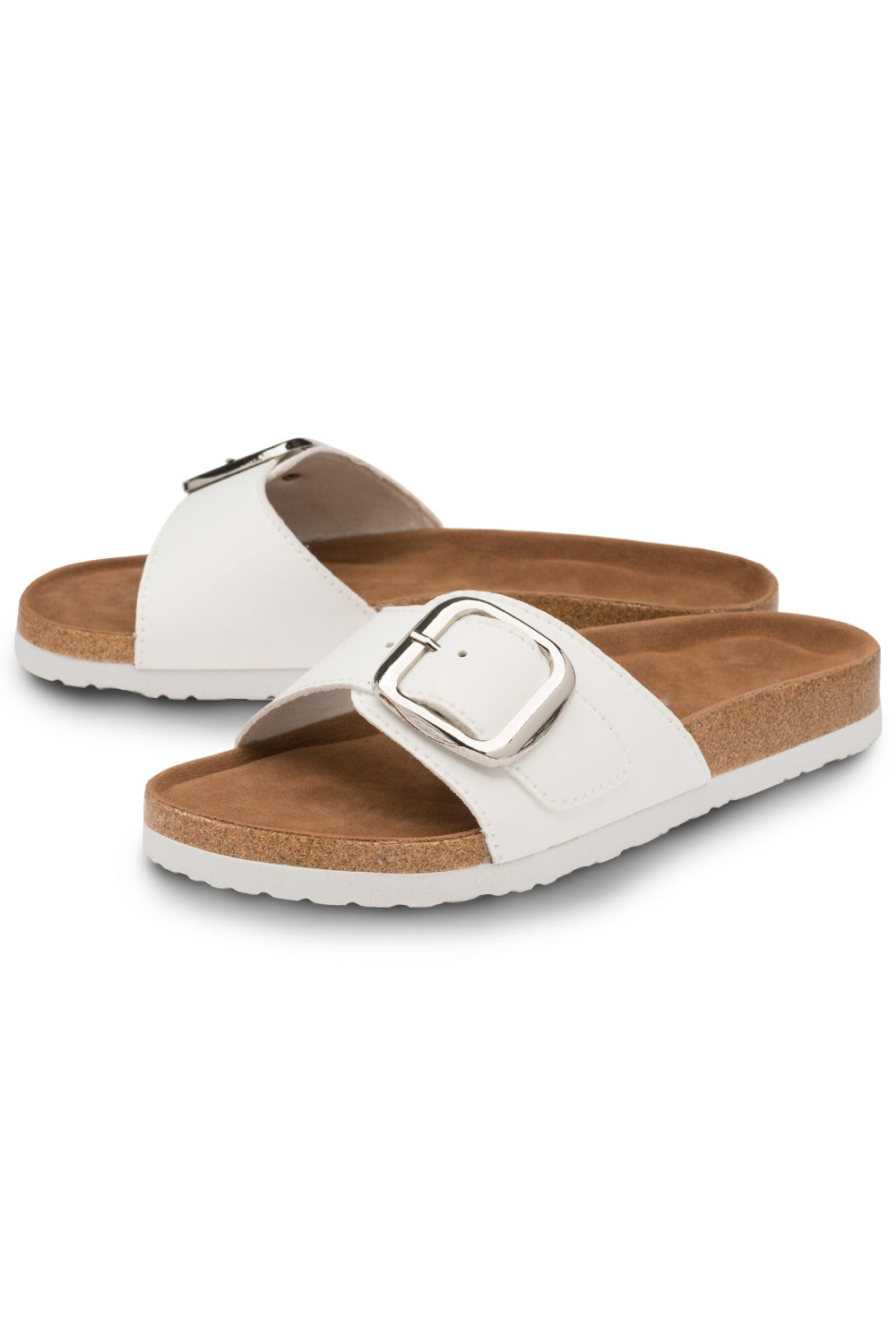 WHITE OVERSIZED BUCKLE SOFT FOOTBED SANDALS