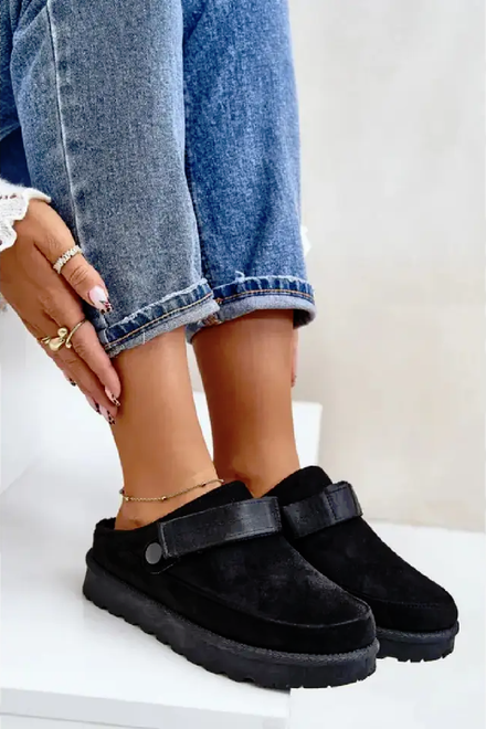 BLACK FAUX SUEDE STRAPPY CLOGS SLIP ON MULES SLIPPERS
