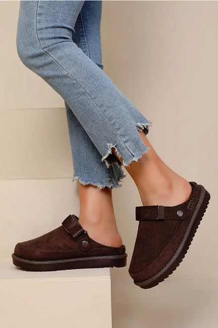 BROWN FAUX SUEDE STRAPPY CLOGS SLIP ON MULES SLIPPERS