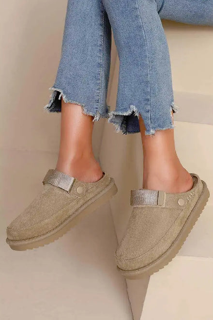 KHAKI FAUX SUEDE STRAPPY CLOGS SLIP ON MULES SLIPPERS