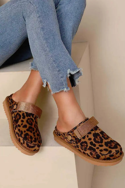 LEOPARD FAUX SUEDE STRAPPY CLOGS SLIP ON MULES SLIPPERS