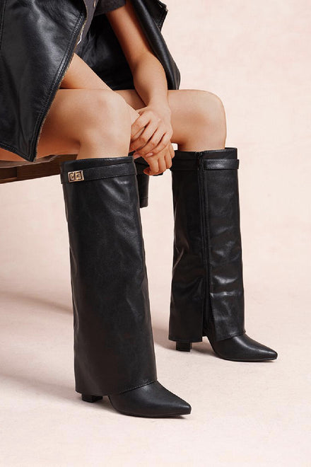 BLACK PU FOLD OVER BUCKLE DETAIL FULL INSIDE ZIP BLOCK HEEL KNEE HIGH SHARK BOOTS