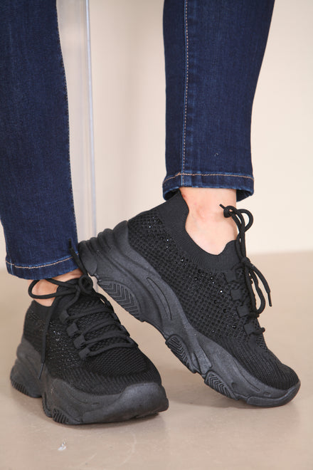 BLACK CHUNK SOLE DIAMANTE DETAIL LACE UP TRAINERS