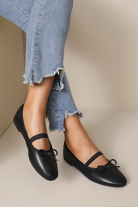 BLACK BOW DETAIL SLIP ON FLATS MARY JANE BALLET PUMPS SHOES