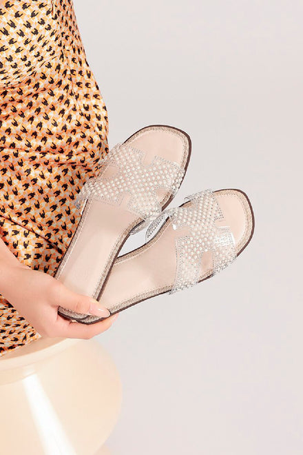 BEIGE FLAT CLEAR STRAP BEADED DECOR SLIDER SANDALS MULES