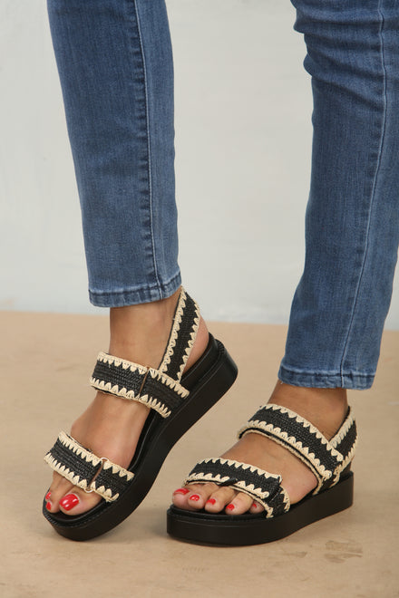 Black Raffia Flatform Strap Sandals (PACK A)