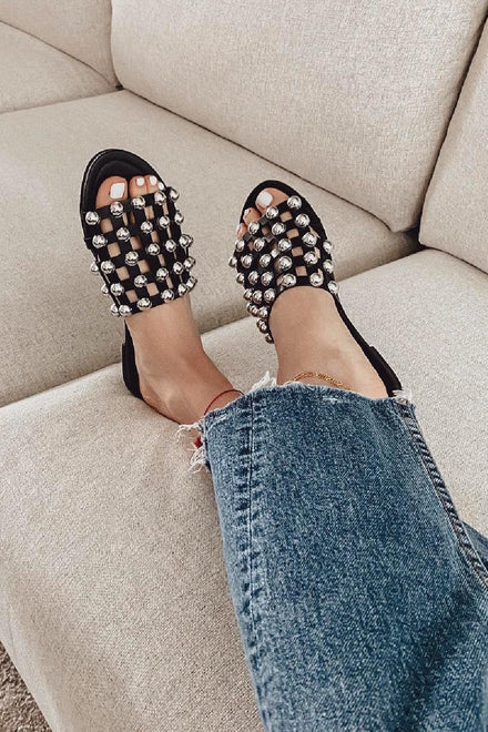 Black PU Studded Caged Slider Sandals (PACK B)