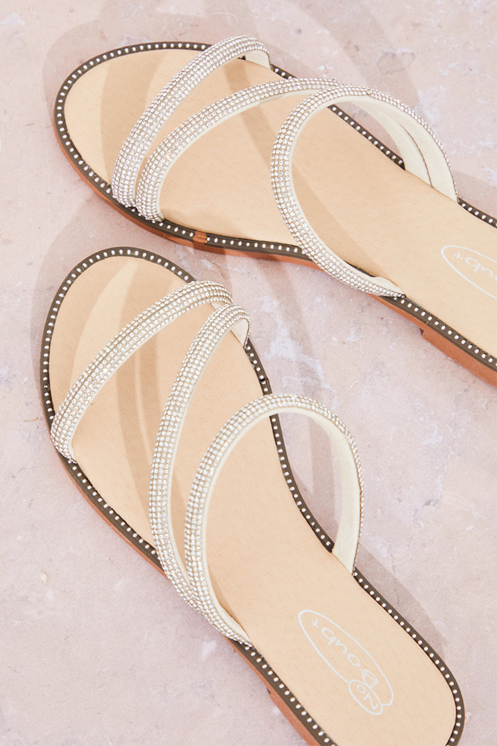 Cream Embellished Cross Sparkly Flat Slider Sandals
