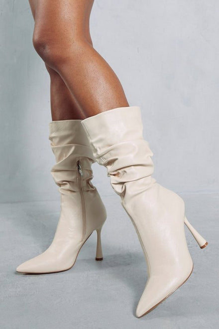 Cream PU Ruched Stiletto Heel Pointed Toe Calf High Boots