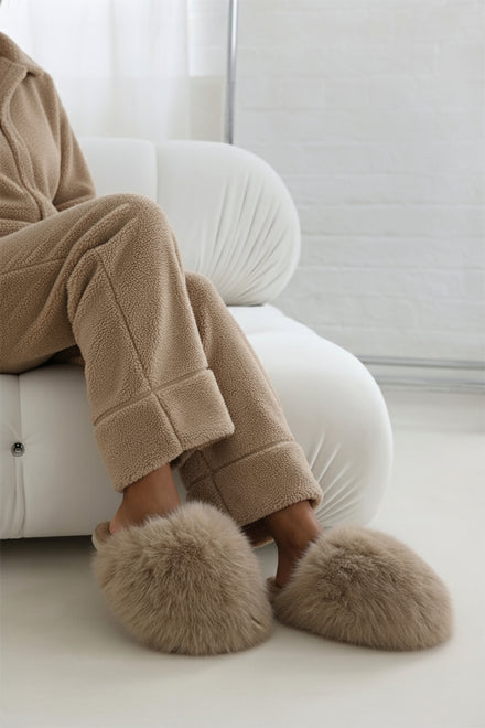 KHAKI EXTREME OVERSIZED FAUX FUR FLUFFY SLIPPERS (12 PAIRS)
