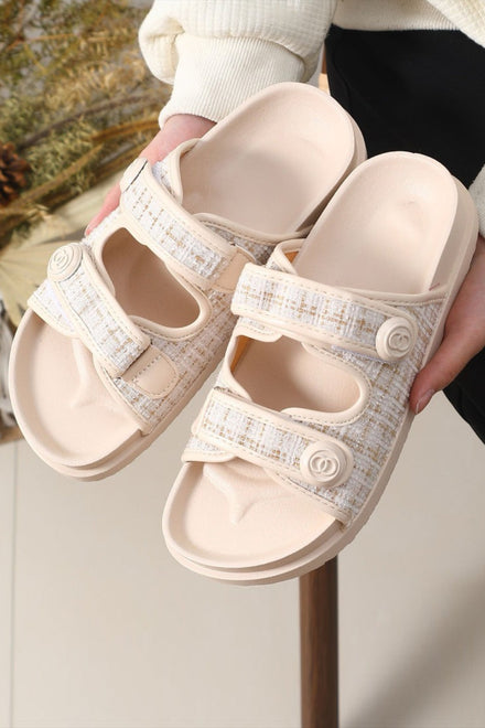 CLASSIC TWEED DOUBLE STRAP CHUNKY SLIDER SANDALS IN BEIGE