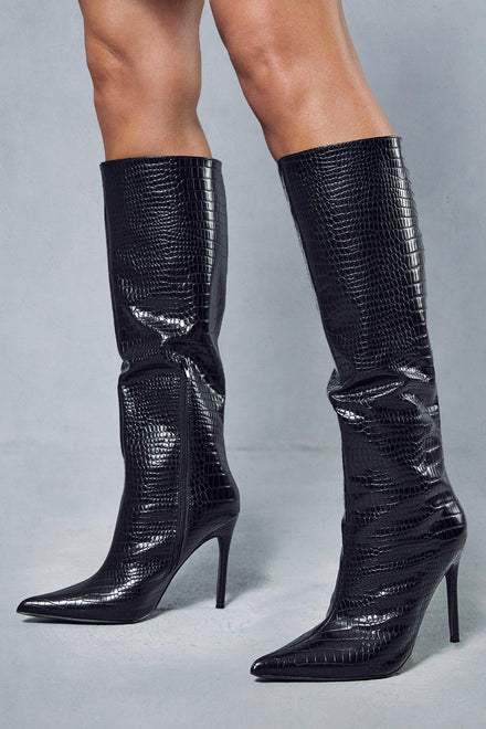 Black Croc High Heel Calf Boots With Pointed Toe