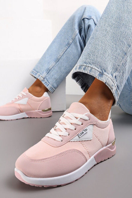 PINK LACE UP FLAT GOLD HEEL CLIP DETAIL TRAINERS SNEAKERS