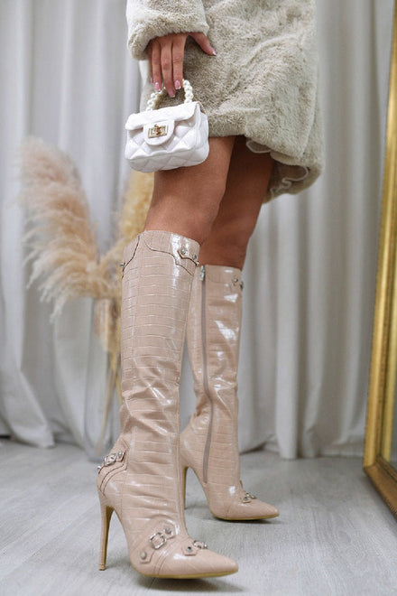 Nude Croc Calf High Heel Boots With Pointed Toe & Side Zip (PACK B)
