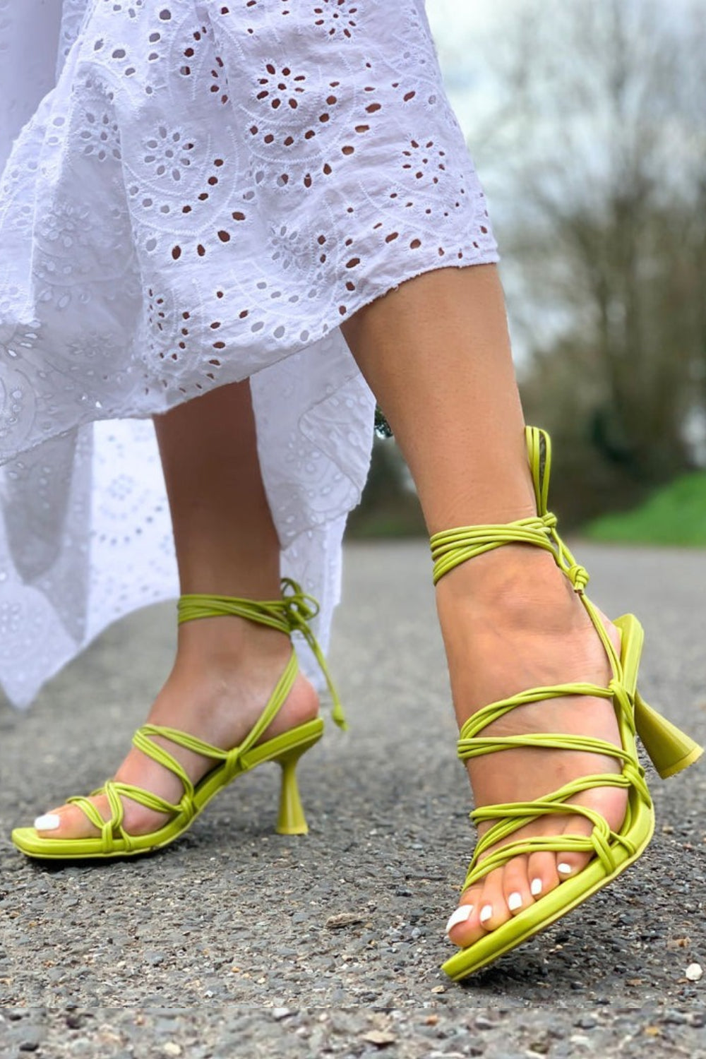 Lime Low Heel Strappy Sandal with Square Toe & Leg Tie