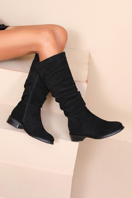 BLACK SUEDE KNEE HIGH FLAT SLOUCH BOOTS