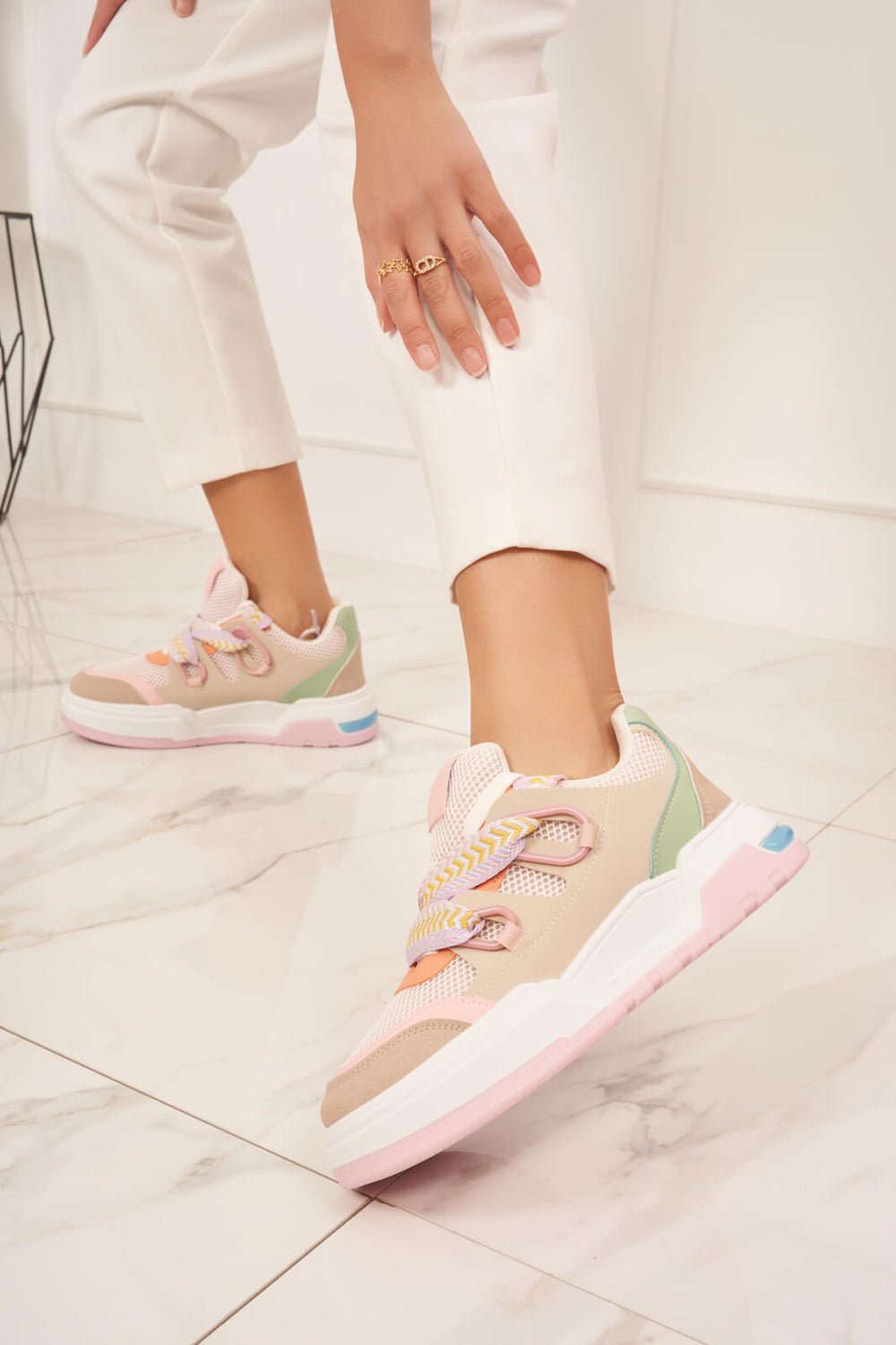 MULTI COLOUR RIBBON DETAIL LACE UP CHUNKY FLAT TRAINERS
