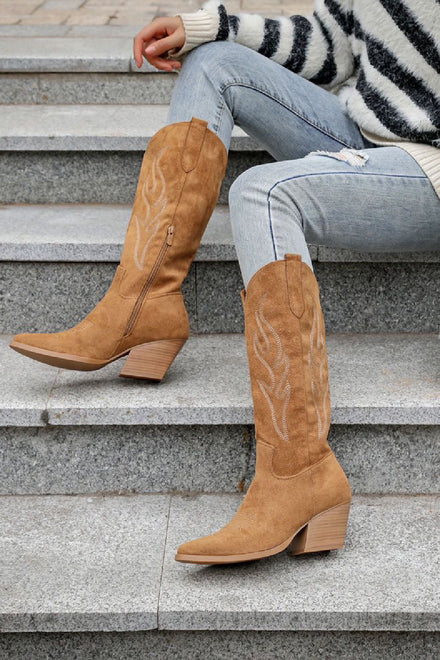 CAMEL EMBROIDERED BLOCK HEEL KNEE HIGH WESTERN COWBOY BOOTS