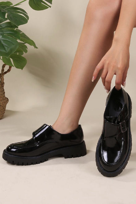 BLACK SIDE BUCKLE LOAFER GRIP SOLE SCHOOL COLLEGE OFFICE WORK SHOES
