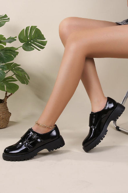 BLACK DOUBLE BUCKLE BROGUE GRIP SOLE SCHOOL COLLEGE OFFICE WORK SHOES
