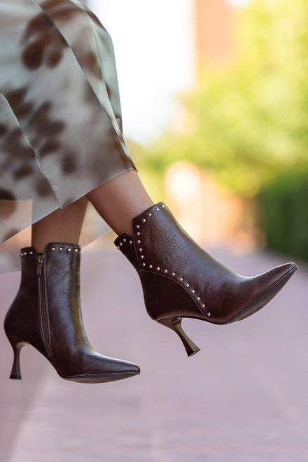 Women's Studded Stiletto Heel Ankle Boots in Brown