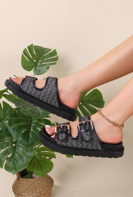 BLACK PRINTED DOUBLE STRAP METAL BUCKLED SLIDER SANDALS