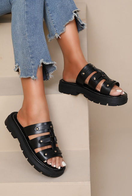 BLACK THICK SOLE STUDDED GLADIATOR SLIP ON PLATFORM SANDALS
