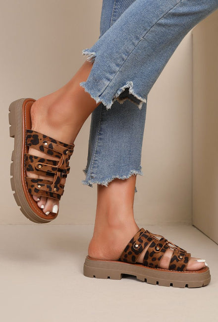 LEOPARD THICK SOLE STUDDED GLADIATOR SLIP ON PLATFORM SANDALS