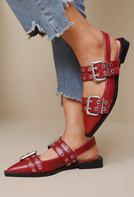 MARY JANE BUCKLE DETAILED POINTED SLINGBACK BALLERINAS SANDALS IN WINE RED