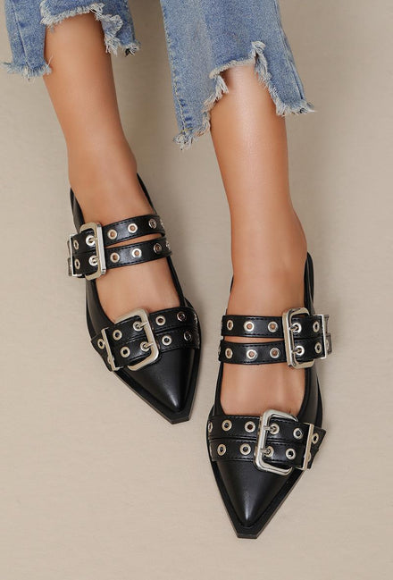 MARY JANE BUCKLE DETAILED POINTED SLINGBACK BALLERINAS SANDALS IN BLACK