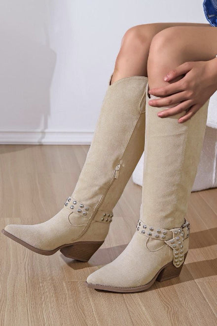 BEIGE SUEDE BLOCK HEEL BUCKLE DETAIL COWBOY BIKER KNEE HIGH BOOTS