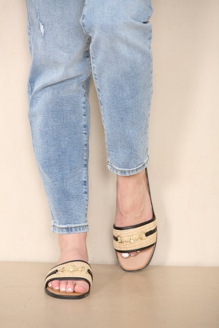 BLACK PU GOLD TRIM DETAIL SLIDER SANDALS (PACK A)