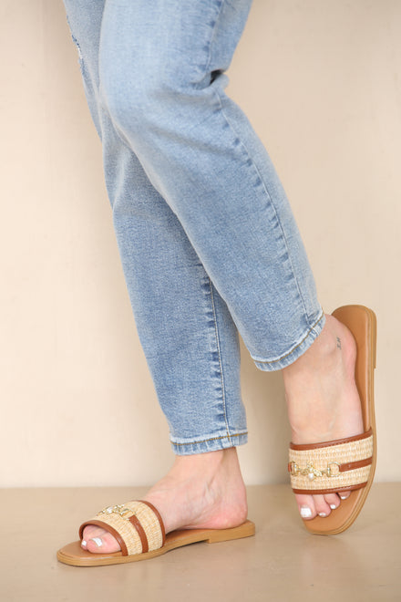 TAN PU GOLD TRIM DETAIL SLIDER SANDALS (PACK B)