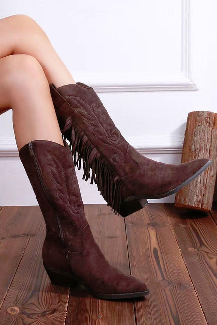 BROWN FRINGE DETAIL WESTERN COWBOY CALF KNEE HIGH BOOTS