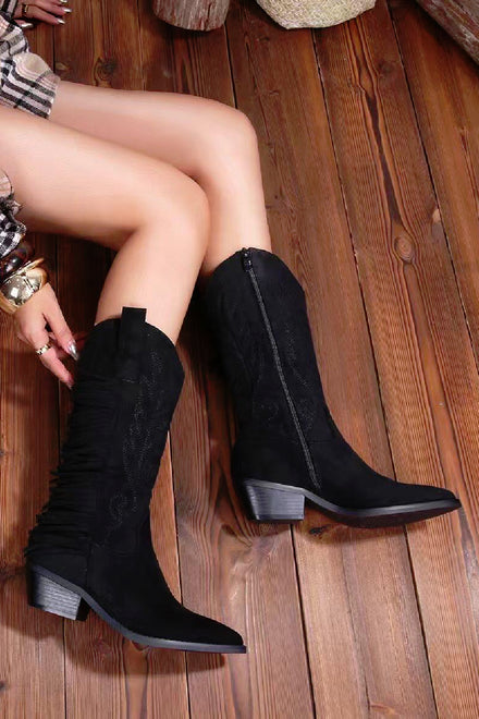 BLACK FRINGE DETAIL WESTERN COWBOY CALF KNEE HIGH BOOTS